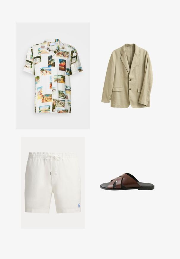 Blazer de lino beige con solapas de muesca, dos bolsillos delanteros con solapa, bolsillo de ojal en el pecho y dos botones en el cierre frontal.; Camisa blanca de manga corta que presenta un collage de fotografías de paisajes tropicales en varios colores. Tejido ligero, cierre frontal de botones y ajuste relajado.; Pantalones cortos de lino blanco con cintura elástica y cordón, con un pequeño logo bordado en azul en la parte inferior derecha.; Sandalia deslizante de cuero marrón para hombre con correas cruzadas y suela negra, mostrada de perfil sobre fondo blanco.