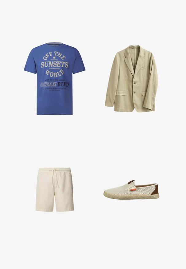 Blazer de lino beige con solapas de muesca, dos bolsillos delanteros con solapa, bolsillo de ojal en el pecho y dos botones en el cierre frontal.; Camiseta de manga corta azul, de material de algodón, con texto impreso en crema y negro, incluyendo "OFF THE SUNSETS" y "OCEAN BLVD."; Pantalones cortos beige de algodón, con una cinturilla elástica y cordón ajustable, de corte recto. Textura suave, sin patrones ni acentos visibles.; Zapato beige tipo slip-on de malla con acentos marrones y suela de yute, con una parte superior texturizada y un pequeño detalle de logotipo rojo en el lateral.