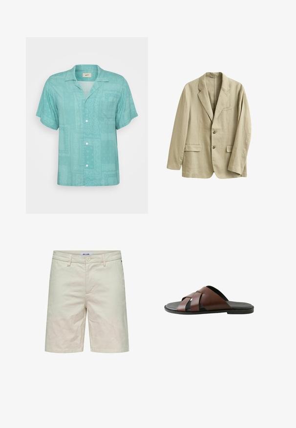 Blazer de lino beige con solapas de muesca, dos bolsillos delanteros con solapa, bolsillo de ojal en el pecho y dos botones en el cierre frontal.; Camisa de manga corta con cuello en tejido de color verde claro que presenta un diseño sutil y estampado con parches y texturas. Con un bolsillo en el pecho.; Pantalones cortos de algodón beige con cierre de botón, presillas para cinturón y bolsillos laterales. Tacto suave y corte recto, aptos para uso casual.; Sandalia deslizante de cuero marrón para hombre con correas cruzadas y suela negra, mostrada de perfil sobre fondo blanco.