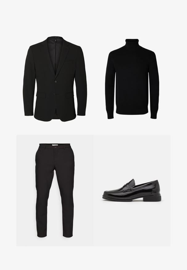 Blazer noir pour homme, boutonné simple, avec des revers crantés, deux poches avant à rabat, une poche poitrine et deux boutons.; Pull noir à col roulé manches longues avec poignets et bas côtelés, présenté sur un fond blanc uni.; Pantalons noirs ajustés avec une coupe slim. Comprend une fermeture à glissière, un bouton, des poches latérales et un tissu lisse et léger.; Mocassins en cuir noir avec un embout arrondi, présentant un détail cousu sur le dessus, et un petit talon carré. Texture lisse et finition brillante.