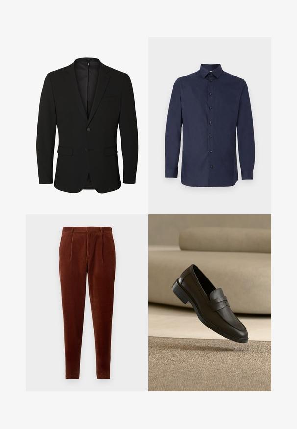 Sort enkeltknappet herreblazer med notch-revers, to forlommer med klap, en brystlomme og to knapper.; Mørkeblå skjorte med knapper, lavet af glat stof, med en klassisk krave, lange ærmer og syv sorte knapper ned foran.; Brune corduroy bukser med lige pasform, featuring frontfolder, to sidelommer og en glat tekstur. Velegnet til afslappet brug.; Sort læder loafer sko, der hviler på et beige tæppe med en buet beige sofa i baggrunden.