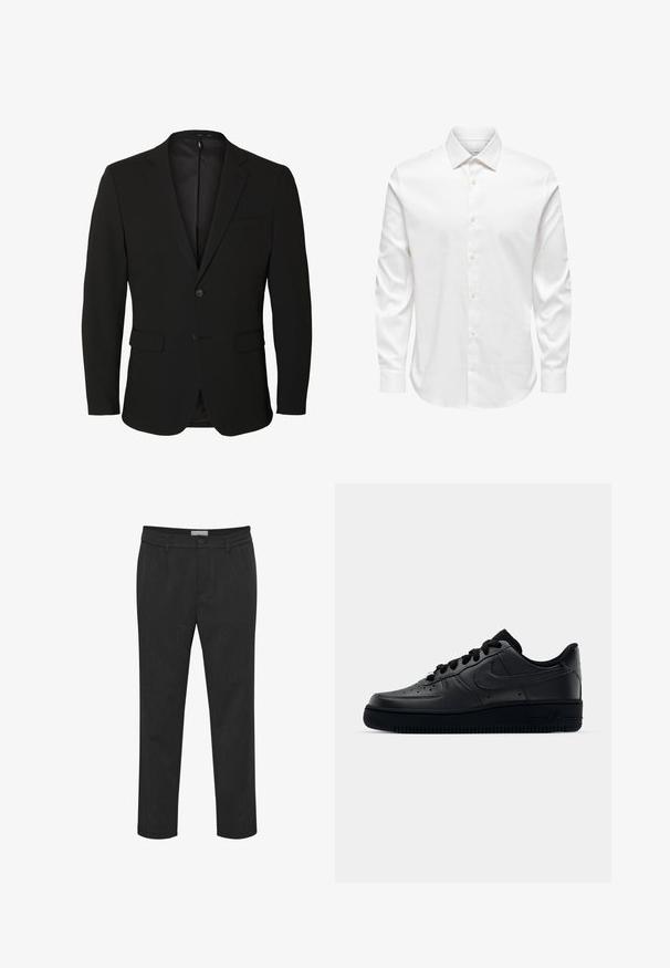 Blazer noir pour homme, boutonné simple, avec des revers crantés, deux poches avant à rabat, une poche poitrine et deux boutons.; Chemise blanche pour homme à manches longues avec col pointu et rangée avant de boutons blancs sur fond uni.; Pantalon noir en tissu lisse, avec fermeture à bouton et passants de ceinture. Conception à jambe droite avec une texture subtile.; Baskets Nike Air Force 1 noires avec un dessus en cuir lisse, bout perforé pour la respirabilité, lacets noirs et semelle en caoutchouc texturé.