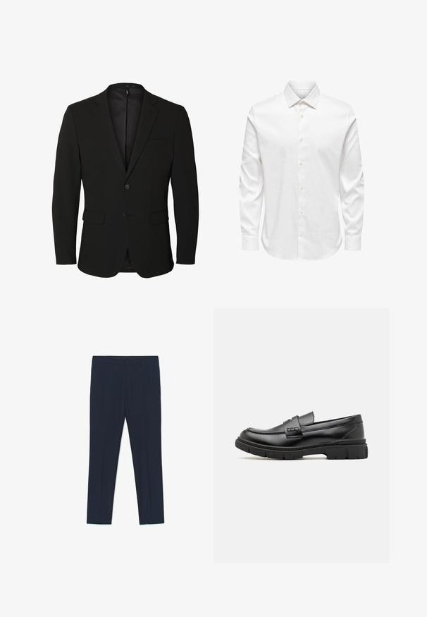 Schwarzer einreihiger Herrenblazer mit Kerb-Revers, zwei vorderen Pattentaschen, einer Brusttasche und zwei Knöpfen.; Weißes Herrenhemd mit langen Ärmeln, spitzem Kragen und einer vorderen Reihe weißer Knöpfe auf einfarbigem Hintergrund.; Marineblaue formelle Hose mit maßgeschneidertem Design, glatter Textur und zwei Vordertaschen, mit klaren Linien und geradem Schnitt.; Schwarze Lederloafer mit einem breiten Riemen über dem Rist, Gummisohle mit dicken Profilen und glatter Textur. Klassisches, schlankes Design.