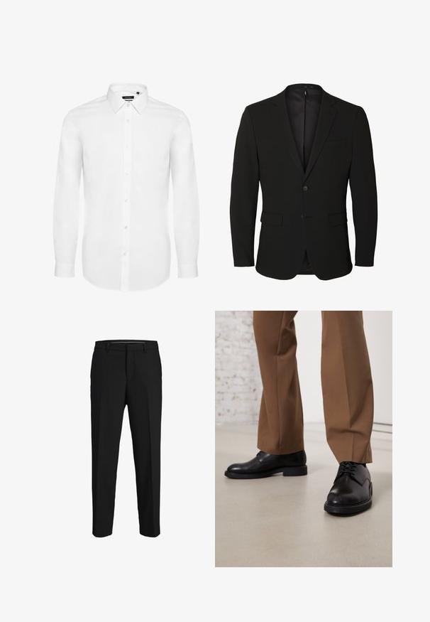 Blazer noir pour homme, boutonné simple, avec des revers crantés, deux poches avant à rabat, une poche poitrine et deux boutons.; Chemise blanche à manches longues en tissu tissé, avec un col à rabat, une patte de boutonnage à l'avant et des manches avec boutons. Design minimal.; Pantalons noirs en tissu lisse, présentant une coupe droite, des passants de ceinture et un devant plat sans motifs ni embellissements visibles.; Chaussures en cuir noir avec une surface lisse et un bout arrondi, dotées d'un système de laçage et d'une semelle plate et basse. Associées à un pantalon marron.