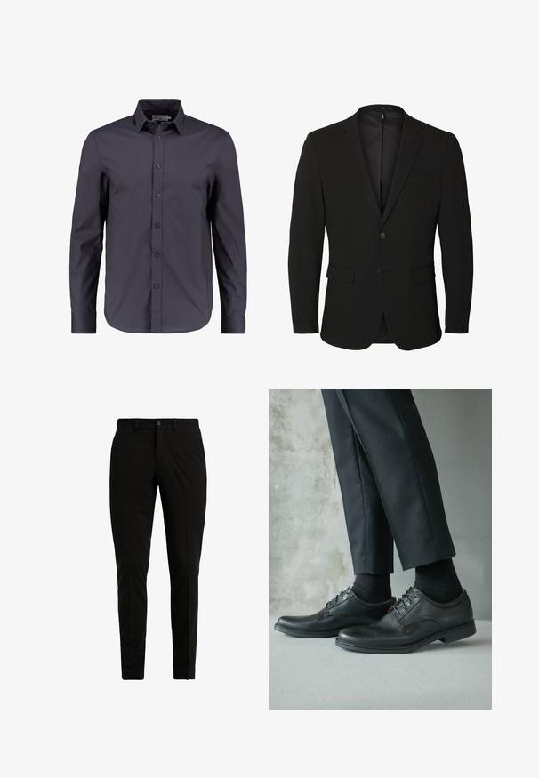 Sort enkeltknappet herreblazer med notch-revers, to forlommer med klap, en brystlomme og to knapper.; Mørk navy blå langærmet skjorte lavet af glat bomuld, med knaplukning fortil, klassisk krave og en skræddersyet pasform.; Sorte skræddersyede bukser lavet af glat stof, med flad front, to sidelommer og en enkelt knaplukning.; Sorte lædersko til kjole båret med sorte sokker og sorte skræddersyede bukser mod en grå beton og glat væg baggrund.