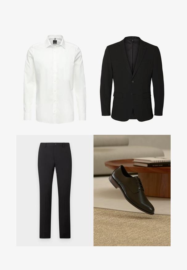 Schwarzer einreihiger Herrenblazer mit Kerb-Revers, zwei vorderen Pattentaschen, einer Brusttasche und zwei Knöpfen.; Weißes Langarmhemd, knöpfbarer Ausschnitt, klassischer Kragen, glattes Baumwollgewebe, leicht, mit dezenten Nähten und ohne Muster.; Schwarze, maßgeschneiderte Hose mit geradem Bein, ausgestattet mit Knopfverschluss und Gürtelschlaufen. Hergestellt aus glattem Stoff ohne sichtbare Muster.; Schwarzer Lederschuh mit Schnürsenkeln, der über einem strukturierten beigen Teppich in einem modernen Wohnzimmer mit Holztisch und Büchern schwebt.