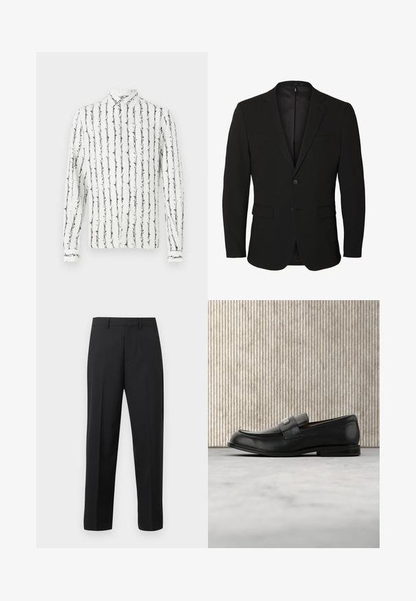 Schwarzer einreihiger Herrenblazer mit Kerb-Revers, zwei vorderen Pattentaschen, einer Brusttasche und zwei Knöpfen.; Weißes Hemd mit Knöpfen und schwarzen vertikalen Streifen sowie einem floralen Muster. Lange Ärmel mit geknöpften Manschetten. Hergestellt aus einem leichten Stoff.; Schwarze gerade geschnittene Hose mit Gürtelschlaufen, Bügelfalte vorne und Reißverschluss auf weißem Hintergrund.; Schwarzer Lederloafer mit einer Metallmarkenplatte, der nahe einem braunen runden Tisch auf beigem Teppichboden ruht.