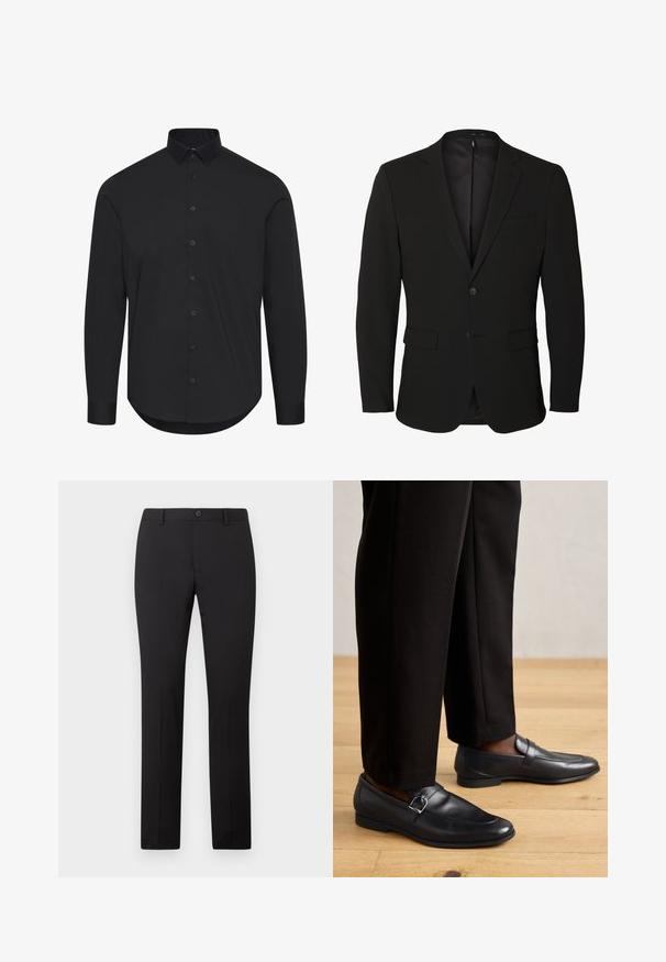 Sort enkeltknappet herreblazer med notch-revers, to forlommer med klap, en brystlomme og to knapper.; Sort langærmet skjorte lavet af glat stof, med en knap-ned krave og frontknapper, en buet kant og skræddersyet pasform.; Sorte skræddersyede bukser med lige ben, som har knaplukning og bæltestropper. Fremstillet i glat stof uden synlige mønstre.; Sorte læder loafers med en glat overflade, prydet med en dekorativ spænde, parret med skræddersyede sorte bukser mod et trægulv.