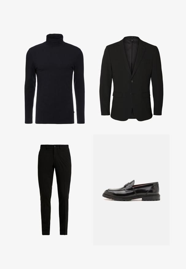Blazer negro de hombre de un solo pecho con solapas con muesca, dos bolsillos delanteros con solapa, un bolsillo en el pecho y dos botones.; Camisa de cuello alto negra de manga larga, hecha de una tela suave y elástica. Presenta un diseño ajustado y una textura lisa. Sin patrones ni acentos visibles.; Pantalones negros de corte ajustado, hechos de una tela suave, con un frente plano, dos bolsillos laterales y un cierre de un solo botón.; ALDO ALERIS - Zapatos sin cordones - black
