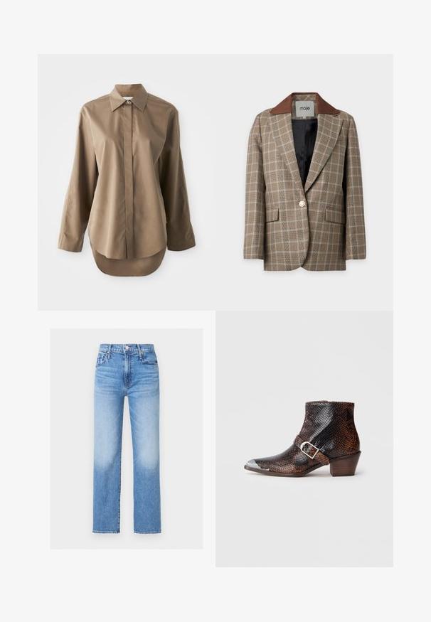 Blazer de cuadros marrón y beige con cuello ancho marrón, un solo botón blanco, bolsillos con solapa y forro interior negro, colgado sobre un fondo blanco.; Camisa marrón de manga larga hecha de tejido suave, con cuello puntiagudo, cierre frontal de botones y dobladillo redondeado en la parte posterior.; Vaqueros de mezclilla azul de tiro alto y pierna recta, con bolsillos frontales, trabillas para cinturón, botón y detalles desteñidos en los muslos y rodillas.; Botas de tobillo con estampado de serpiente en negro y marrón, con punta de metal plateado, detalle de hebilla y un tacón de madera bajo. Textura suave, diseño ajustado.