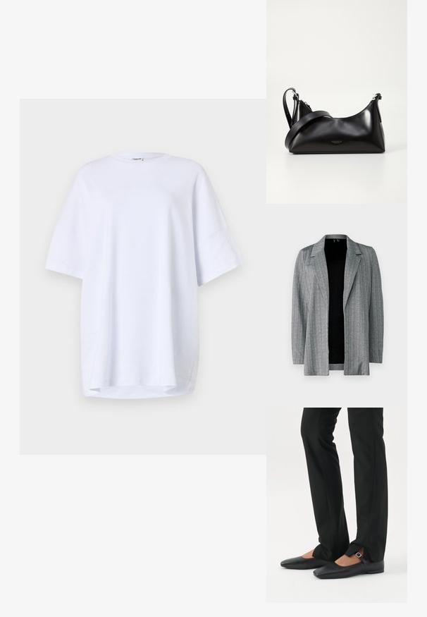 Grau kariertes Blazer mit spitzem Kragen und offener Vorderseite. Lange Ärmel und strukturierter Stoff sorgen für ein geschichtetes Aussehen.; Oversized, kurzärmliges weißes T-Shirt aus Baumwolle. Runder Halsausschnitt, Seitenschlitze am Saum und glatte Textur ohne sichtbare Muster oder Akzente.; Beine in schwarzen schmalen Hosen mit vorderen Schlitzen am Saum, kombiniert mit schwarzen flachen Mary-Jane-Schuhen mit kleinem Schnallenriemen.; Schwarze lederne Handtasche mit glatter Textur. Verfügt über einen verstellbaren Riemen und ein elegantes, minimalistisches Design mit einem Reißverschluss.