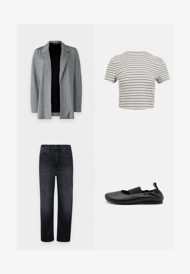 Grau kariertes Blazer mit spitzem Kragen und offener Vorderseite. Lange Ärmel und strukturierter Stoff sorgen für ein geschichtetes Aussehen.; Kurzärmeliges, kurzes T-Shirt mit schmalen, schwarzen und weißen horizontalen Streifen und rundem Ausschnitt vor einfarbigem Hintergrund.; Dunkelblaue Denim-Jeans mit normaler Passform, geraden Beinen, Fronttaschen, einer kleinen Münztasche und einem Knopfverschluss. Glatte Textur und minimale Ausbleichung.; Schwarze Ballerina aus glattem synthetischem Material mit elastischem Band, runder Zehenpartie und kleinem Absatz sowie gerafftem Rückendetail.