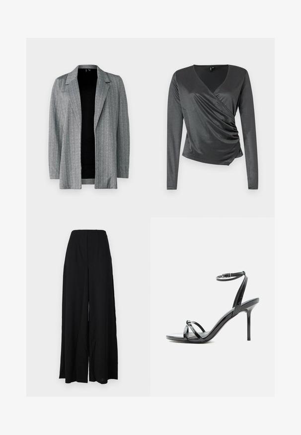 Blazer gris con patrón de espiga, con cuello en pico y apertura frontal. Las mangas largas y la tela texturizada crean un efecto de capas.; Top gris de manga larga fabricado en una tela suave y elástica con un diseño cruzado y detalle fruncido en la cintura. Escote en forma de V.; Pantalones de pierna ancha negros, confeccionados con una tela texturizada, que presentan una cintura alta con pliegues y bordes limpios para una silueta elegante.; Sandalia de tacón alto de charol negro con tiras finas que cruzan los dedos y una correa con hebilla en el tobillo sobre un fondo blanco.