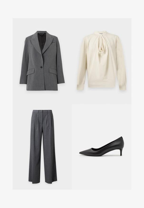 Blazer gris avec un tissu texturé, col à crans, deux poches avant, fermeture à un bouton et doublure intérieure noire.; Blouse crème à manches longues avec détail plissé en forme de trou-de-serrure sur le devant et col montant, fermeture par bouton au niveau du cou et manches avec poignets.; Pantalon gris foncé à jambes larges avec plis sur le devant, passants de ceinture et fermeture avant dissimulée, présenté sur un fond clair uni.; Escarpin noir en cuir avec un bout pointu et un petit talon. Texture lisse, design épuré et détails subtils au niveau du talon.