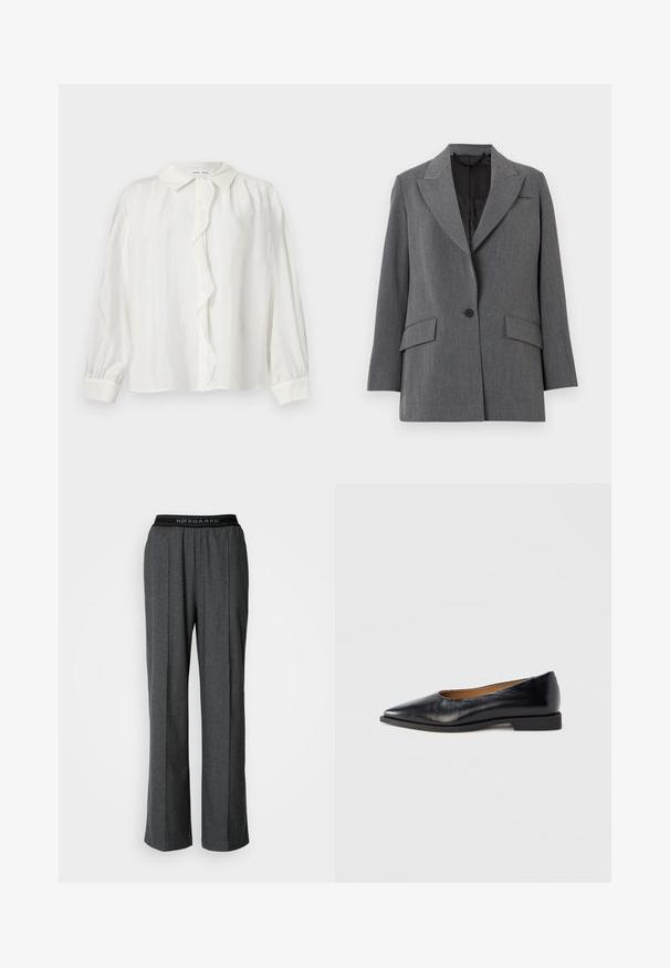 Blazer gris avec un tissu texturé, col à crans, deux poches avant, fermeture à un bouton et doublure intérieure noire.; Chemise blanche à boutons, avec un plastron froncé, des manches longues et un col classique. Tissu texturé avec de subtiles lignes verticales.; Pantalons gris à jambes larges avec des plis, fabriqués dans un tissu texturé. Présentent une ceinture noire avec le logo "NØRGAARD".; Chaussure plate en cuir noir avec un bout pointu et un petit talon carré. Texture lisse, design minimaliste, sans éléments métalliques visibles ni motifs.