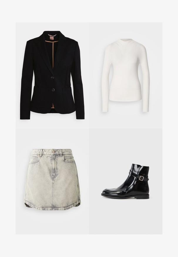 Veste noire avec un design à un bouton, deux poches avant et un revers en satin. Comprend deux boutons et une doublure beige à l'intérieur.; Haut à manches longues blanc avec un col haut, texture côtelée et design ajusté. Présente un aspect sans couture et une subtile forme en V à l'avant.; Jupe en denim gris clair avec une texture délavée, dotée d'une taille à boutons, de poches avant et d'une ourlet légèrement courbé.; Bottes noires en cuir à la finition brillante, avec une sangle décorative et une boucle, un bout arrondi et un petit talon empilé.