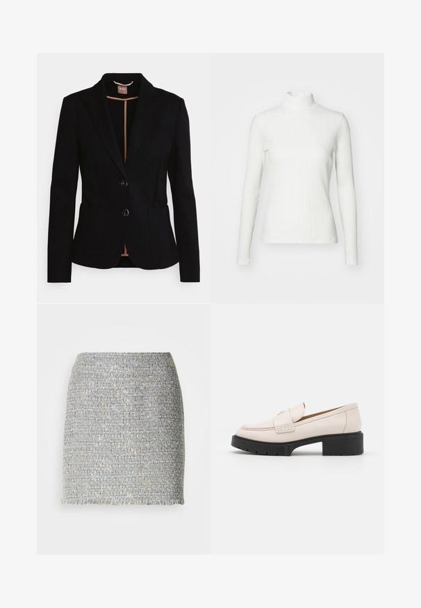 Zwart blazer met een enkel geboord ontwerp, twee voorzakken en een satijnen revers. Bevat twee knopen en een tan voering aan de binnenzijde.; Witte geribbelde coltrui met lange mouwen, gemaakt van rekbare stof. Heeft een getailleerd ontwerp en een hoge halslijn voor bedekking.; Grijze en beige geweven tweed minirok met een rechte pasvorm en franjes aan de zoom, afgebeeld tegen een effen witte achtergrond.; Lichtbeige leren loafers met een gestikte voorkant en een textuur met een zwarte plateauhak. Beschikt over een gebogen ontwerp en een lichte verhoging.