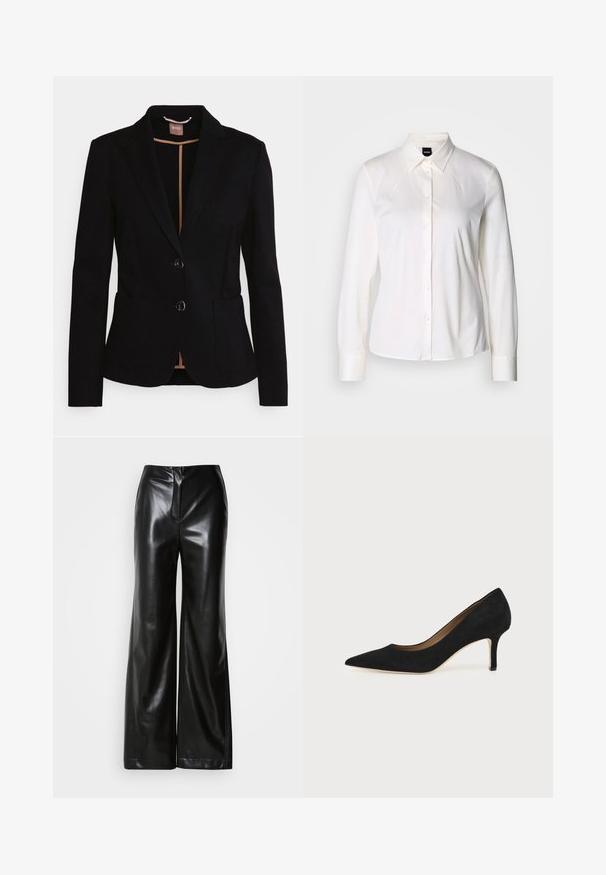 Sort blazer med én knap-opsætning, to forlommer og satin revers. Har to knapper og en lysebrun foret indeni.; Hvid langærmet skjorte med knapper og klassisk krave lavet af blødt bomuldsstof, med en slim fit og et enkelt design uden mønstre.; Sorte læder bukser med bred ben, glat tekstur, høj talje og skjult lynlås foran. Skræddersyet pasform med en ren finish.; Sort ruskind spids tå højhælet pumpe med en slank mellemhøj stilethæl og et lavt snit på en ensfarvet baggrund.