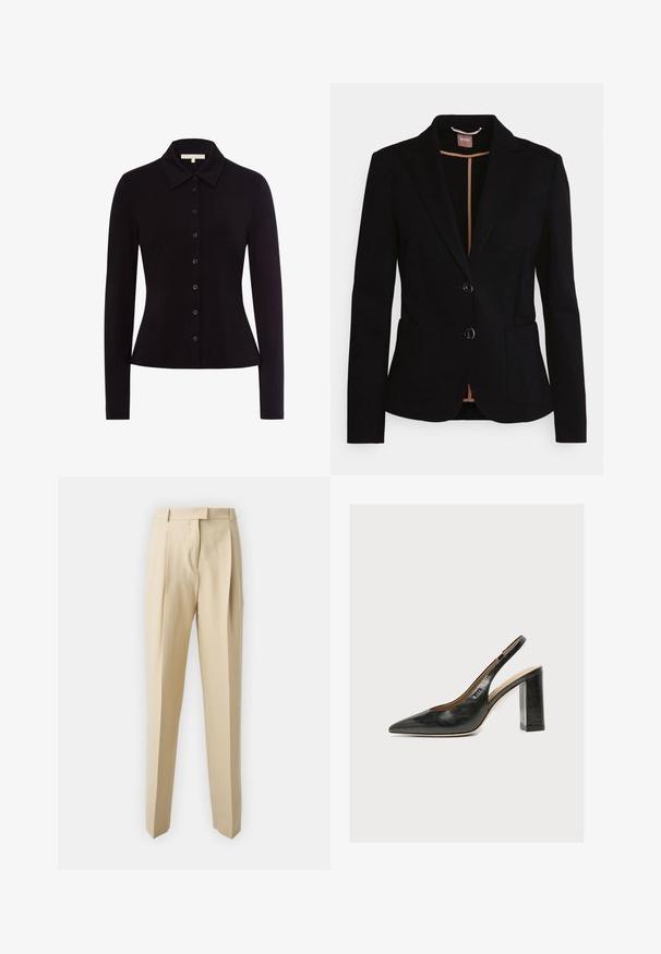 Sort blazer med én knap-opsætning, to forlommer og satin revers. Har to knapper og en lysebrun foret indeni.; Sort langærmet skjorte med krave, udstyret med knaplukning foran og en tætsiddende pasform, lavet af glat stof.; Beige skrædderbukser med lige snit, der har læg, en taljeværdig og en glat tekstur. Ingen synlige lommer eller udsmykninger.; Sort læder kvindesko med slingback, spids tå og tyk blokhøj hæl på hvid baggrund.