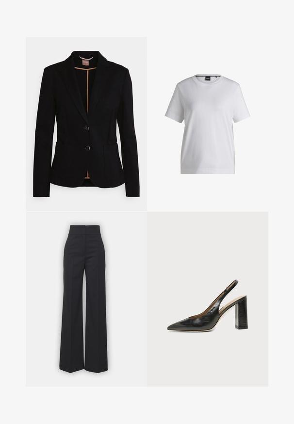 Veste noire avec un design à un bouton, deux poches avant et un revers en satin. Comprend deux boutons et une doublure beige à l'intérieur.; T-shirt en coton blanc avec un col rond, des manches courtes et une coupe décontractée. Il présente une petite étiquette de marque près du col.; Pantalons à jambes larges en tissu noir avec une taille haute, présentant une finition soignée et une texture lisse. Pas de matériel ou de motifs visibles.; Chaussure slingback en cuir noir à bout pointu avec un talon bloc haut et une doublure intérieure beige sur un fond clair uni.