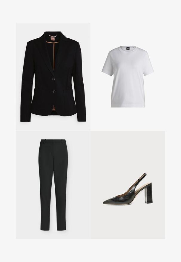 Zwart blazer met een enkel geboord ontwerp, twee voorzakken en een satijnen revers. Bevat twee knopen en een tan voering aan de binnenzijde.; Witte katoenen t-shirt met een ronde halslijn, korte mouwen en een ontspannen pasvorm. Heeft een klein merketiket nabij de kraag.; Zwarte slim fit broek met riemlussen, voorrits en rechte pijpen, getoond tegen een witte achtergrond.; Zwarte leren slingback schoen met spits toelopend neusje, hoge blokhak en beige binnenvoering tegen een effen lichte achtergrond.