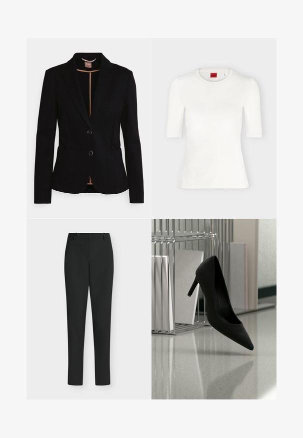 Zwart blazer met een enkel geboord ontwerp, twee voorzakken en een satijnen revers. Bevat twee knopen en een tan voering aan de binnenzijde.; Wit aansluitend T-shirt met korte mouwen, ronde halslijn en rood merklabel binnenin de kraag.; Zwarte slim fit broek met riemlussen, voorrits en rechte pijpen, getoond tegen een witte achtergrond.; Zwarte high-heeled schoen in balans op de hiel op een reflecterende aanrecht bij metalen ordnerhouders met witte mappen.