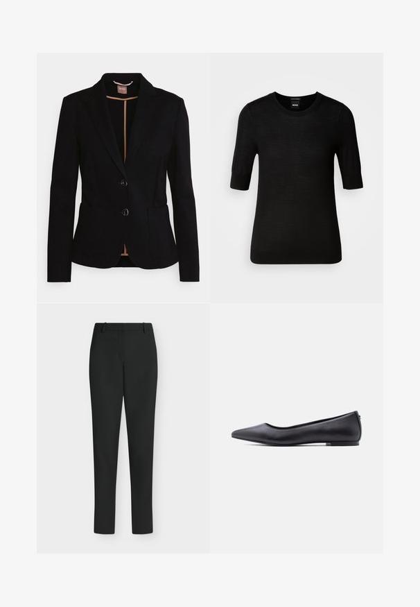 Veste noire avec un design à un bouton, deux poches avant et un revers en satin. Comprend deux boutons et une doublure beige à l'intérieur.; Pull noir à manches courtes en laine mérino fine. Encolure ronde, coupe ajustée, texture lisse, design minimal, sans motifs ni accents visibles.; Pantalon noir slim fit avec passants de ceinture, fermeture éclair devant et jambes droites, présenté sur fond blanc.; Chaussure plate en cuir noire à bout pointu avec petit talon, vue de profil sur fond blanc.