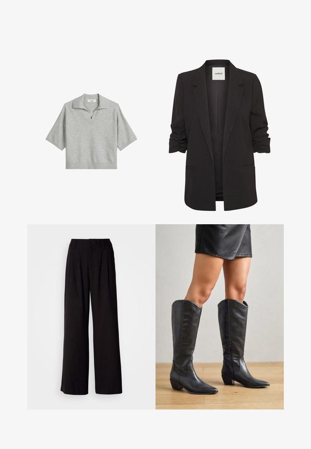 Blazer negro abierto al frente con mangas tres cuartos fruncidas, solapas con muesca y dos bolsillos de ojal delanteros, con la etiqueta "soaked" en el interior del cuello.; Polo de manga corta en gris claro con cuello en V y dobladillo acanalado. Fabricado en tejido de punto, presenta un cuello estructurado.; Pantalones de pierna ancha negros, confeccionados en una tela suave, con pliegues en la parte frontal, una cinturilla ajustada y sin patrones o acentos visibles.; Botas negras hasta la rodilla, hechas de cuero suave, con punta afilada, tacón bajo cuadrado y cremallera lateral para facilitar el uso.