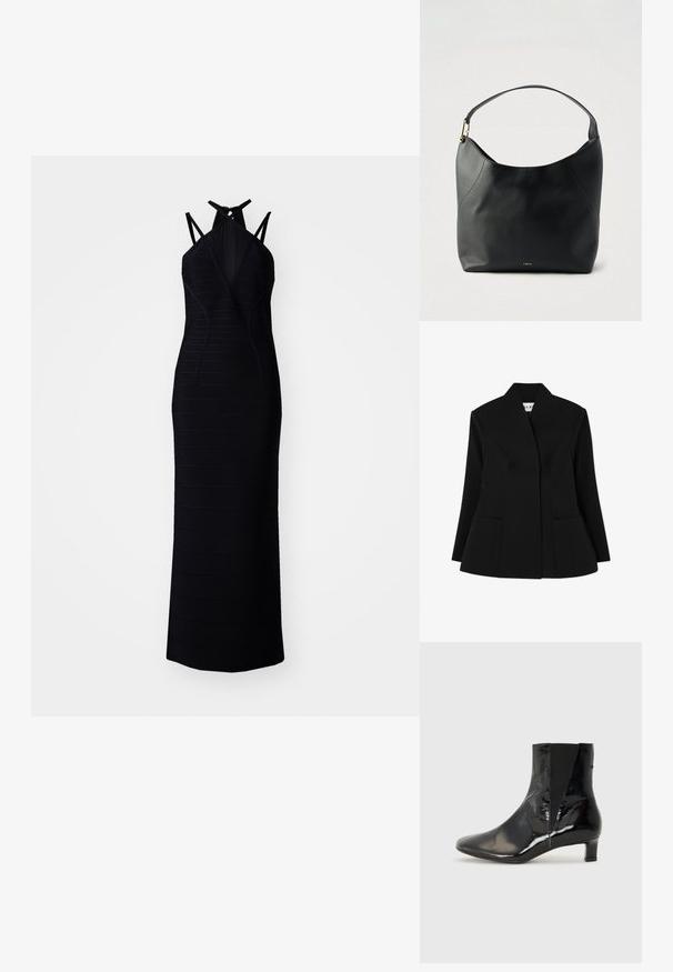 NA-KD SCULPTED - Blazer - black; Sort ærmeløs kjole med en tætsiddende silhuet, der har horisontal ribbet tekstur, en V-udskæring og bindebånddetalje bagpå.; Castañer ALEGRA - Støvletter - black; Sort læder hobo-taske med en glat tekstur, en buet silhuet, en kort rem og en diskret guldlignende logo ved bunden.