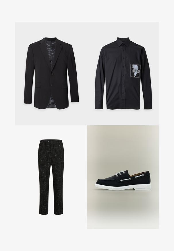 Zwarte herengeblazer met twee knopen, ingesneden revers, klepzakken en een patroonachtige binnenvoering die zichtbaar is bij de kraag en onderkant.; Zwart overhemd met lange mouwen, knopen, een kraag en een rechthoekige patch met een zijprofiel afbeelding op de linkerborst.; Zwarte op maat gemaakte broek met een gestructureerd patroon van dunne verticale witte lijnen, een rechte snit en een knoopsluiting in de taille.; Zwarte leren bootschoen met witte veters en zool, met zijogen en "Karl Lagerfeld" geperst op de hiel van de zool.