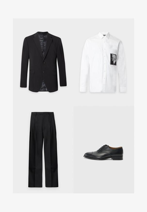 Zwarte herengeblazer met twee knopen, ingesneden revers, klepzakken en een patroonachtige binnenvoering die zichtbaar is bij de kraag en onderkant.; Witte blouse met lange mouwen, knopen en een klassieke kraag, met een zwart-wit profielportretpatch op de linkerborst.; Zwarte, op maat gemaakte, rechte broek met riemlussen, een voorrits en zijzakken op een effen witte achtergrond.; Zwarte leren dress shoe met een gladde afwerking, ronde neus, vijf gaten voor veters, en een lage blokhak. Minimalistisch ontwerp met subtiele stiksels.