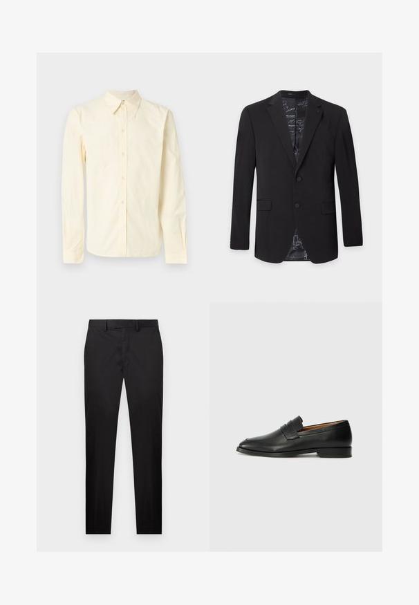 Blazer noir pour homme à deux boutons, avec revers crantés, poches à rabat et doublure intérieure à motif visible au col et en bas.; Chemise à manches longues en coton doux de couleur jaune clair. Elle présente un col pointu, une fermeture à boutons à l'avant et un détail brodé subtil sur la poitrine.; Pantalon noir slim avec passants pour ceinture, fermeture avant par bouton et zip, et poches latérales, présenté sur un fond blanc.; Mocassin en cuir noir avec un bout arrondi, des coutures subtiles et un talon bas, présentant une texture lisse et un design minimaliste.