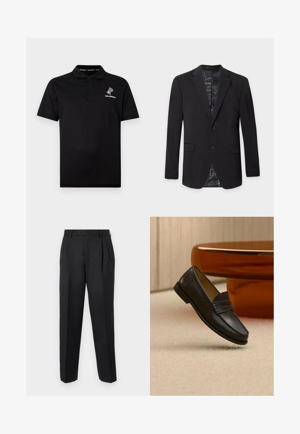 Blazer noir pour homme à deux boutons, avec revers crantés, poches à rabat et doublure intérieure à motif visible au col et en bas.; Polo noir à manches courtes avec trois boutons, logo palmier blanc et texte "KARL LAGERFELD" sur le côté gauche de la poitrine.; Pantalon tailleur noir avec plis à l'avant, passants pour ceinture et coupe droite, sur un fond clair uni.; Chaussure mocassin en cuir noir suspendue au-dessus d’un tapis beige avec du mobilier moderne couleur ambre en arrière-plan.