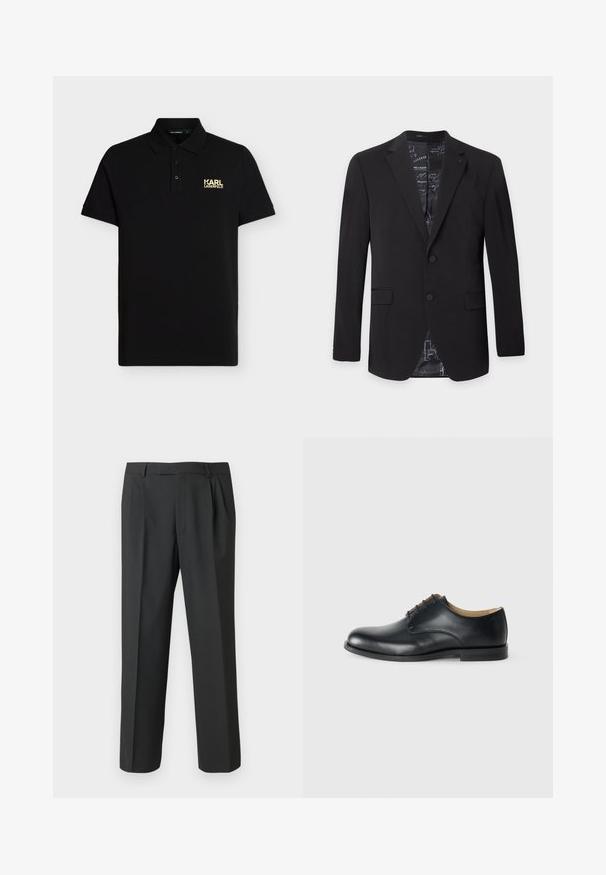 Blazer noir pour homme à deux boutons, avec revers crantés, poches à rabat et doublure intérieure à motif visible au col et en bas.; Polo noir à manches courtes avec col, patte à trois boutons et petit logo doré "KARL LAGERFELD" sur la poitrine gauche.; Pantalon noir en tissu lisse, avec une coupe droite, un devant plissé et une taille standard avec passants pour ceinture.; Calvin Klein ESS DERBY - Derbies - triple black