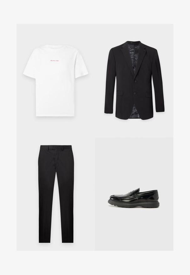 Blazer noir pour homme à deux boutons, avec revers crantés, poches à rabat et doublure intérieure à motif visible au col et en bas.; T-shirt blanc à manches courtes avec col rond, featuring un petit texte rose "MICHAEL KORS" centré sur la poitrine sur un fond uni.; Pantalon noir slim avec passants pour ceinture, fermeture avant par bouton et zip, et poches latérales, présenté sur un fond blanc.; Mocassin en cuir noir avec une finition brillante, bout arrondi, détails de couture subtils et semelle en caoutchouc épaisse pour la durabilité.
