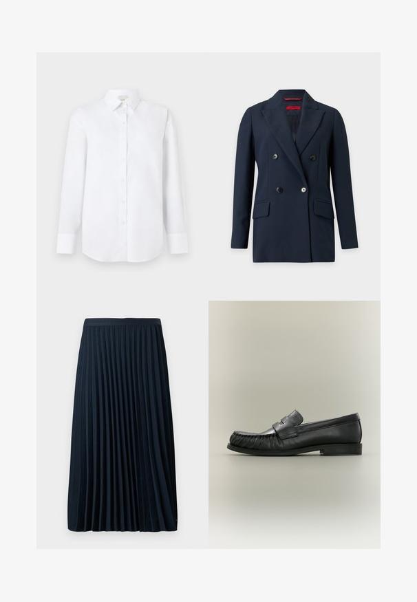 Marineblå dobbeltradet blazer med fire knapper, to forlommer med klapper og en notch reverskrave.; Hvid langærmet skjorte lavet af glat stof, med knaplukning foran, klassisk krave og rundet bagkant med knappede manchetter.; Fryse navy nederdel med en struktureret talje, lavet af et glat stof, med jævnt fordelt lodrette frynser og en længde til midt på læggen.; Sort læder penny loafer med rynket tådetalje og lav stablet hæl, set fra siden på en neutral baggrund.