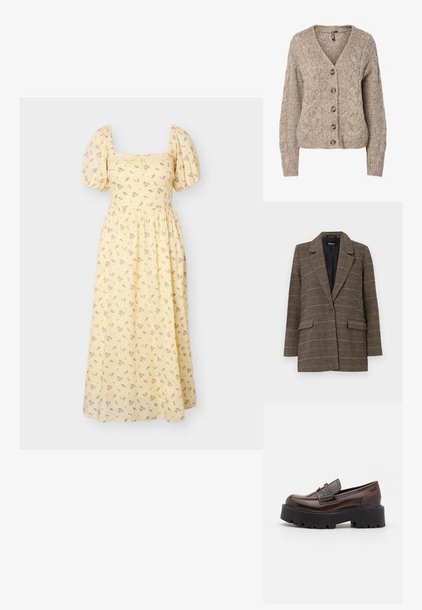 Brun hørnfibret blazer med reverskrave, enkelt knaplukning, to forlommer og en sort inderside. Subtile ternede mønstre akkompagnerer.; Beige kabelstrikket cardigan med v-hals, knappet front og ribbekanter. Har seks brune knapper og tekstureret stof.; Gul midi-kjole med pufærmer, firkantet udskæring, delikat blomsterprint og rynket talje.; Madden Girl CALISTA - Loafers - brown