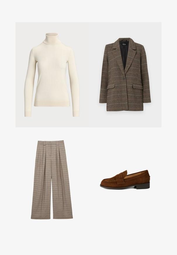 Brauner Fischgräten-Blazer mit Reverskragen, einreihigem Knopfverschluss, zwei vorderen Taschen und einem schwarzen Innenfutter. Dezente Karomusterakzente.; Cremfarbener Rollkragenpullover aus weichem Stoff, mit langen Ärmeln und tailliertem Design. Mit kleinem goldenen Logo am Saum.; Hose mit weitem Bein und braun-beigem Hahnentrittmuster, hoher Taille und vorderen Falten, flach auf weißem Hintergrund ausgelegt.; Braune Wildleder-Slipper mit runder Zehenform, dekorativem Riemen und niedrigem Blockabsatz; die glatte Textur und die klaren Linien prägen das Design.