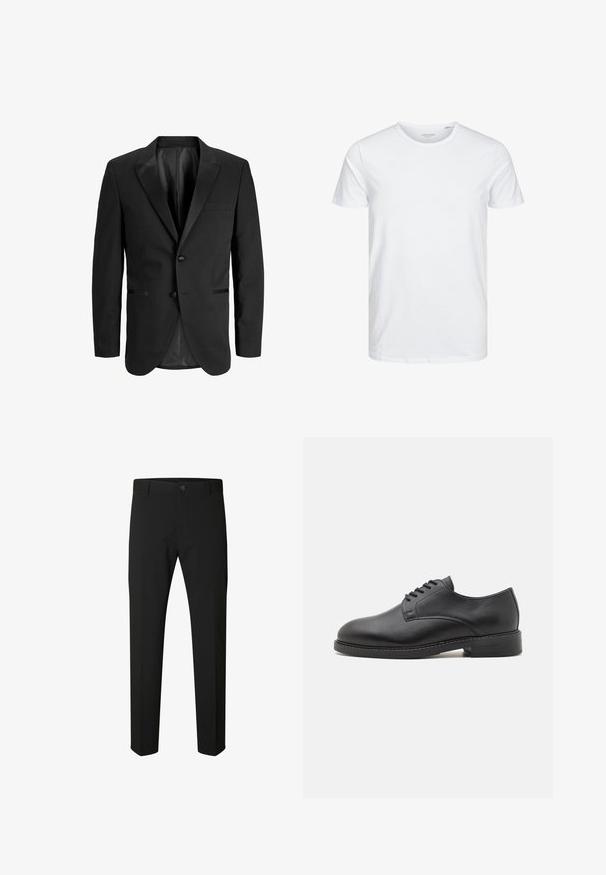 Schwarzer Herrenblazer mit Kerbkragen, zwei vorderen Knöpfen und drei Leistentaschen, dargestellt vor weißem Hintergrund.; Rundhals-T-Shirt mit kurzen Ärmeln in reinem Weiß, aus weicher Baumwolle, mit einem schlichten Design ohne sichtbare Muster oder Akzente.; Schwarze Slim-Fit-Hose mit Knopf- und Reißverschluss, Gürtelschlaufen und geraden Beinen auf weißem Hintergrund.; Schwarze Leder-Oxfordschuhe mit runder Zehenform, glatter Oberfläche, fünf Ösen für die Schnürung und niedrigem, gestapeltem Absatz.