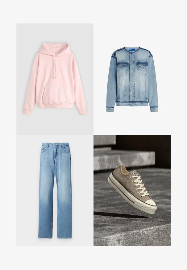 Hellblaues Jeansjacke mit Knopfverschluss, zwei Brusttaschen und kontrastierenden Nähten. Verfügt über einen geraden Schnitt und einen gerippten Saum.; Helle rosa Kapuzenpullover mit großer Fronttasche, Kordelzug und gerippten Bündchen. Hergestellt aus weichem, bequemem Material mit minimalem Branding.; Hellblaue Jeans mit geradem Bein, vorne mit Knopf- und Reißverschluss, Gürtelschlaufen sowie Taschen vorne und hinten.; Beiger Sneaker mit Paisley-Muster, weißen Schnürsenkeln und dicker weißer Sohle, die über Betontreppen schwebt.