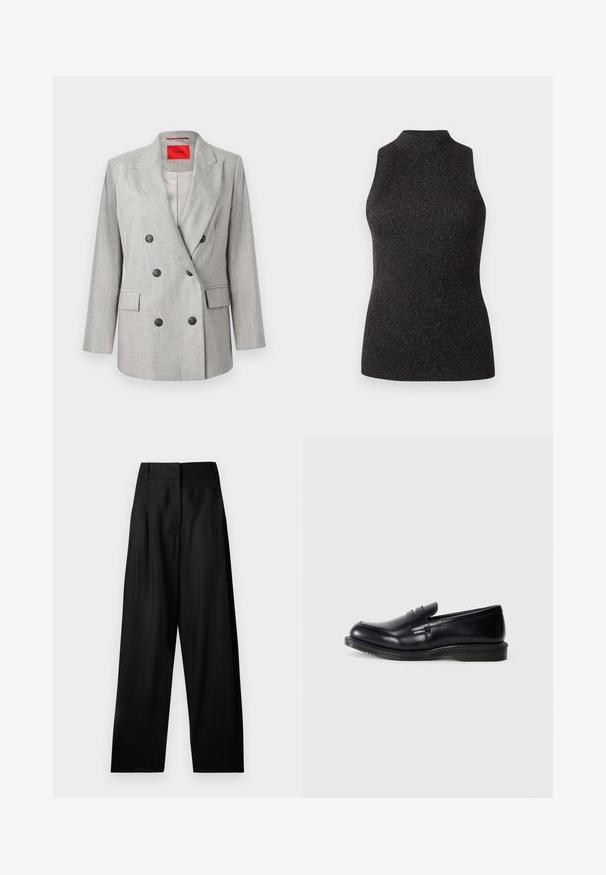 Dubbelgeknoopte grijze blazer van een gestructureerde stof. Voorzien van zwarte knopen, scherpe revers en twee steekzakken aan de voorkant. Gevoerd interieur.; CLOSED SLEEVELESS - Top - black; Zwarte wijde broek met hoge taille, voorzien van een rits aan de voorkant en taillebandlussen, afgebeeld tegen een egale lichte achtergrond.; Zwarte leren instapper met een gladde afwerking, ronde neus en gestikte details op de voorkant, met een gestructureerde rubberen zool voor grip.