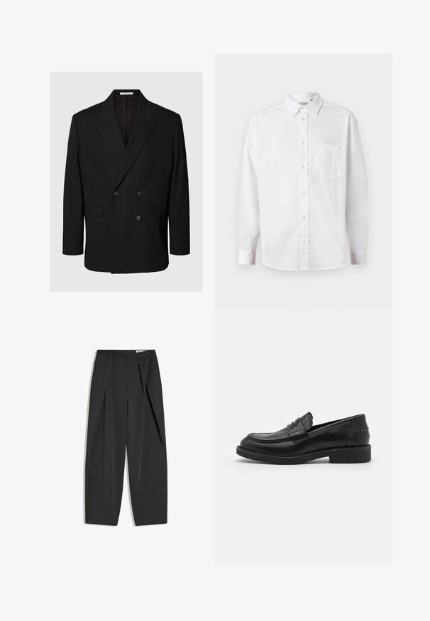 Schwarzer doppeltreihiger Blazer mit Kerb-Revers, vier Knöpfen vorne, zwei Pattentaschen und einer Brustleistentasche auf einfarbigem Hintergrund.; Weißes Langarmhemd mit Knopfleiste, Kragen und Brusttasche, auf einem schlichten hellen Hintergrund präsentiert.; Schwarze, maßgeschneiderte, hoch taillierte Hose mit Bügelfalten, Gürtelschlaufen und geradem Bein, flach auf weißem Hintergrund dargestellt.; Schwarze Lederloafer mit abgerundetem Zeh, farblich abgestimmtem Nähen und einem Riemendetail an der Vorderseite. Gummi-Sohle mit niedrigem Absatz.