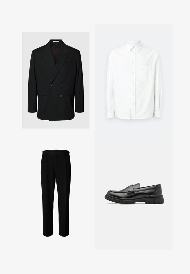 Blazer negro cruzado con solapas con muesca, cuatro botones en la parte delantera, dos bolsillos con solapa y un bolsillo de ojal en el pecho sobre fondo liso.; Camisa blanca de manga larga y botones, hecha de una tela ligera. Presenta un bolsillo frontal, cuello clásico y una textura sutil.; Pantalones formales negros con trabillas para cinturón, botón frontal y cierre de cremallera, mostrados sobre fondo blanco.; Mocasin de cuero negro con una cinta ancha en el empeine, suela de goma con tacos gruesos y textura suave. Diseño clásico y elegante.