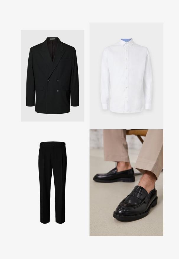 Schwarzer doppeltreihiger Blazer mit Kerb-Revers, vier Knöpfen vorne, zwei Pattentaschen und einer Brustleistentasche auf einfarbigem Hintergrund.; Weißes Langarmhemd mit Knopfleiste, das ein hellblaues kariertes Muster innen am Kragen und an den Manschetten aufweist. Glatte Stoffoberfläche.; Schwarze formelle Hose mit Gürtelschlaufen, Frontknopf und Reißverschluss, vor weißem Hintergrund dargestellt.; Schwarze Lederloafers mit glatter Oberfläche, ausgestattet mit einem dekorativen Riemen und Kontrastnähten, kombiniert mit beigen Hosen.