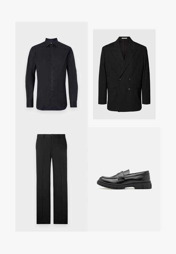 Schwarzer doppeltreihiger Blazer mit Kerb-Revers, vier Knöpfen vorne, zwei Pattentaschen und einer Brustleistentasche auf einfarbigem Hintergrund.; Schwarzes Langarmhemd aus glattem Stoff mit klassischem Kragen, einem frontalen Knopfverschluss und geknöpften Manschetten.; Schwarze, maßgeschneiderte Hose mit geradem Bein, glattem Stoff, vorderen Falten und einem einzelnen Knopfverschluss an der Taille.; Schwarze Lederloafer mit einem breiten Riemen über dem Rist, Gummisohle mit dicken Profilen und glatter Textur. Klassisches, schlankes Design.