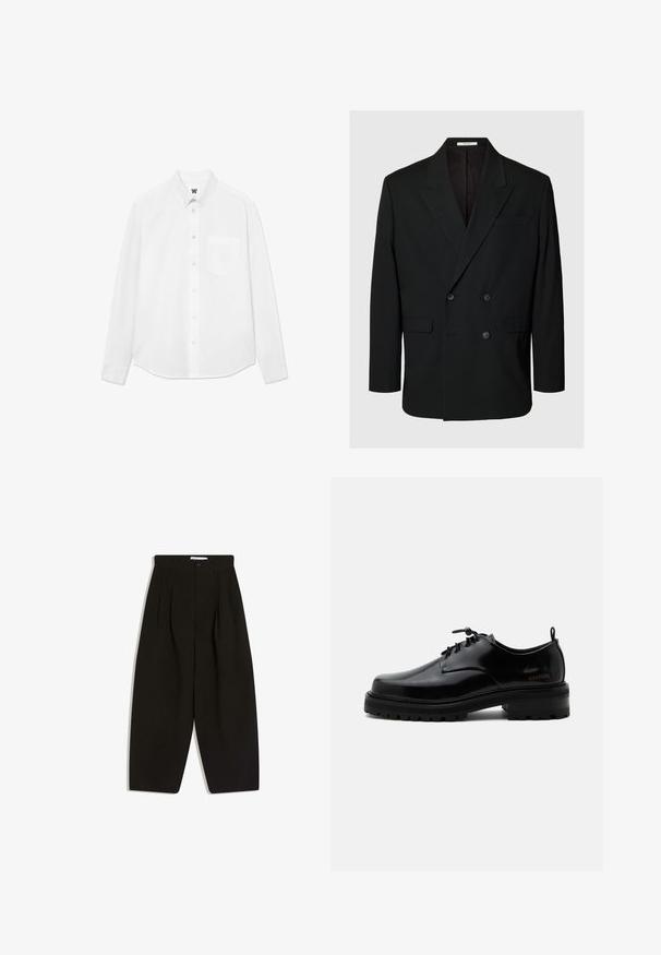 Sort dobbeltradet blazer med notch revers, fire knapper foran, to klaplommer og en brystlomme på ensfarvet baggrund.; Hvid langærmet skjorte med knapper, krave, forlommer og subtil tekstur. Frontlukning har knapper og et lille logo-detalje.; Sorte bukser med vide ben lavet af blødt stof, med plisseret front, knaplukning og sidelommer for ekstra funktionalitet.; Sort poleret læder snørestøvle med tyk gummisål og lav hæl, sideskilt med mærketekst "SAMSOE" og bageste træksnor.