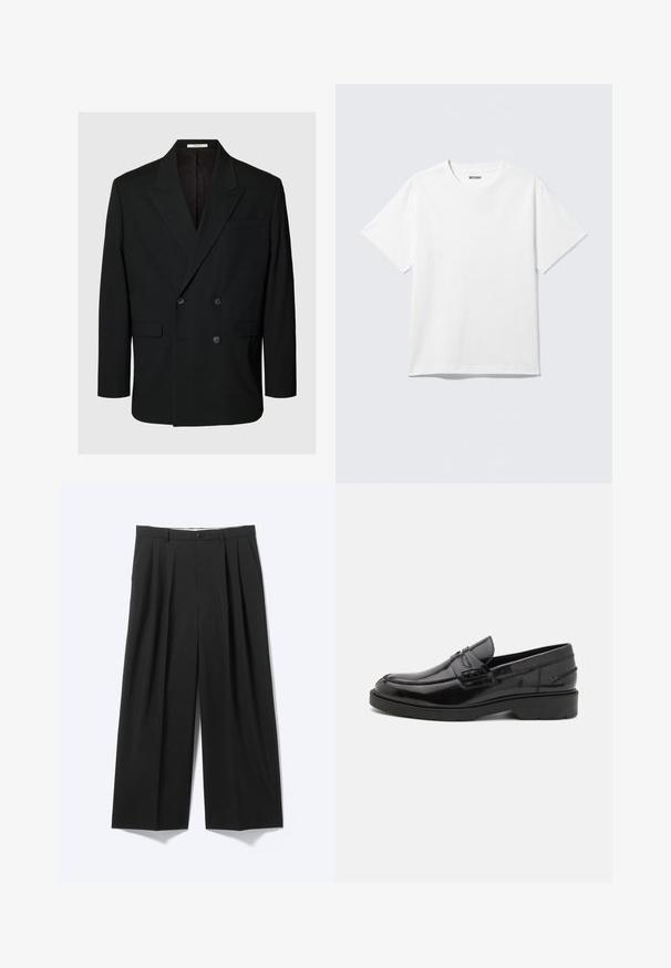 Blazer noir croisé avec revers crantés, quatre boutons à l'avant, deux poches à rabat et une poche poitrine passepoilée sur fond uni.; T-shirt blanc à manches courtes et col rond, étalé à plat, design uni, avec l'étiquette "WEEKDAY" à l'intérieur du col sur un fond clair.; Pantalon noir à jambes larges avec plis sur le devant, passants pour ceinture et fermeture à bouton, présenté sur un fond clair uni.; Mocassins en cuir noir avec une finition lisse, un bout rond, un petit talon et descoutures décoratives à l'avant. Semelle en caoutchouc pour l'adhérence.