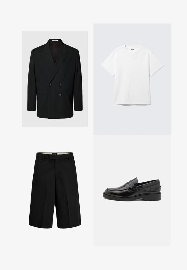 Blazer noir croisé avec revers crantés, quatre boutons à l'avant, deux poches à rabat et une poche poitrine passepoilée sur fond uni.; T-shirt blanc à manches courtes et col rond, étalé à plat, design uni, avec l'étiquette "WEEKDAY" à l'intérieur du col sur un fond clair.; Shorts noirs coupés au genou avec passants de ceinture et pli avant, étiquette à la taille indiquant "JACK & JONES Pants Studio".; Mocassins en cuir noir avec une finition lisse, un bout rond, un petit talon et descoutures décoratives à l'avant. Semelle en caoutchouc pour l'adhérence.