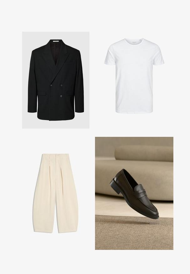 Zwarte dubbelgeknoopte blazer met inkeping revers, vier knopen aan de voorkant, twee klepzakken en een borstzak op een effen achtergrond.; Ronde hals kortemouwen t-shirt in effen wit, gemaakt van zachte katoen, heeft een eenvoudig ontwerp zonder zichtbare patronen of accenten.; Crèmekleurige broek met wijde pijpen, hoge taille en voorplooien, plat liggend op een witte achtergrond.; Zwarte leren loafer die rust op een beige tapijt met een gebogen beige bank op de achtergrond.