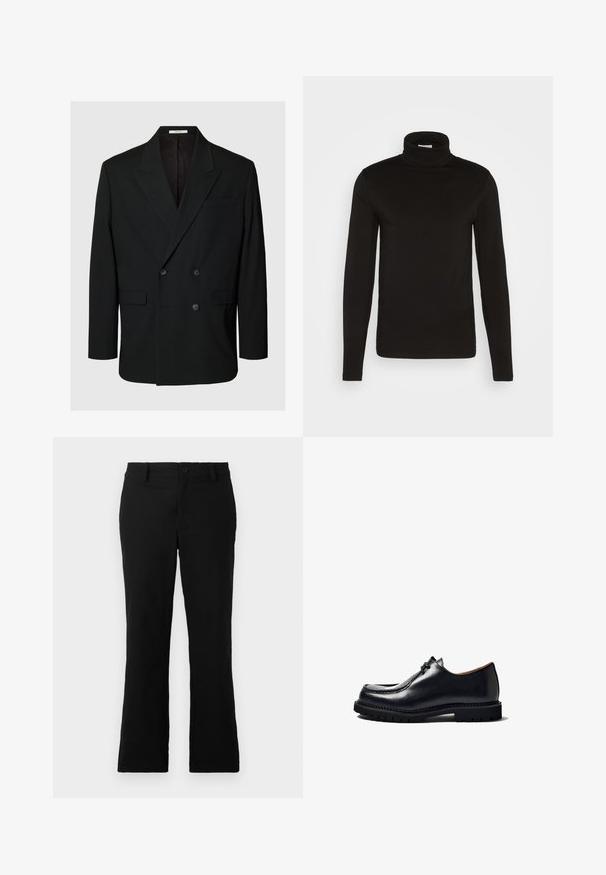 Blazer negro cruzado con solapas con muesca, cuatro botones en la parte delantera, dos bolsillos con solapa y un bolsillo de ojal en el pecho sobre fondo liso.; Camiseta de cuello alto de manga larga negra, elaborada en una tela suave con un diseño ajustado y un cuello alto, ceñido. Sin patrones ni acentos visibles.; Pantalones de campana negros hechos de una mezcla de algodón, con cierre de botón, trabillas para el cinturón y una textura suave sin patrones visibles.; Zapato de cuero negro con puntera redonda, diseño con cordones, detalles de costura y suela de goma texturizada. Superficie lisa con un acabado brillante.